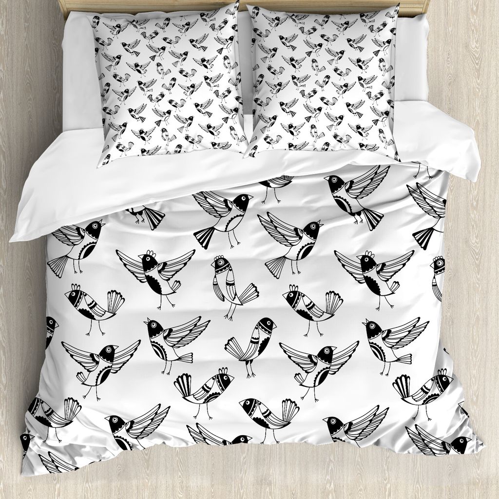 ABAKUHAUS Schwarz und weiß Bettbezug, Cartoon Vögel, Milbensicher Allergiker geeignet mit Kissenbezügen, 155 cm x 220 cm - 80 x 80 cm, Schwarz-W...