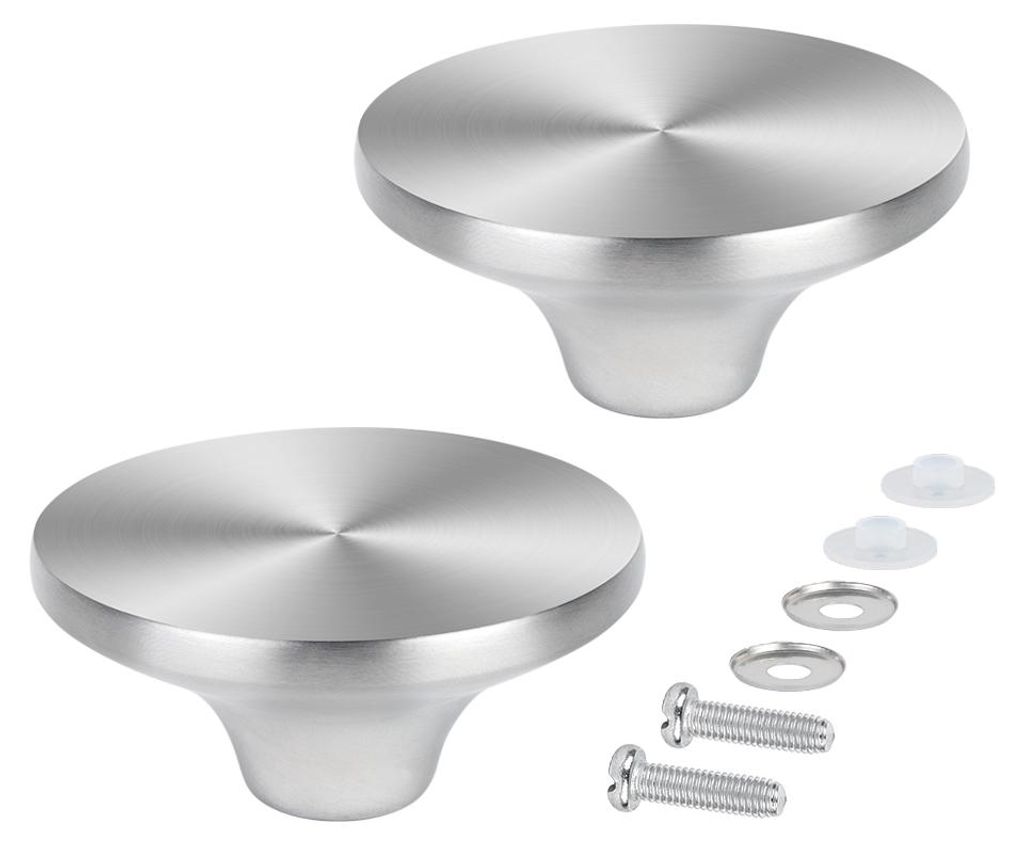 Two stainless steel pot lid knobs with screws and washers on a white background.