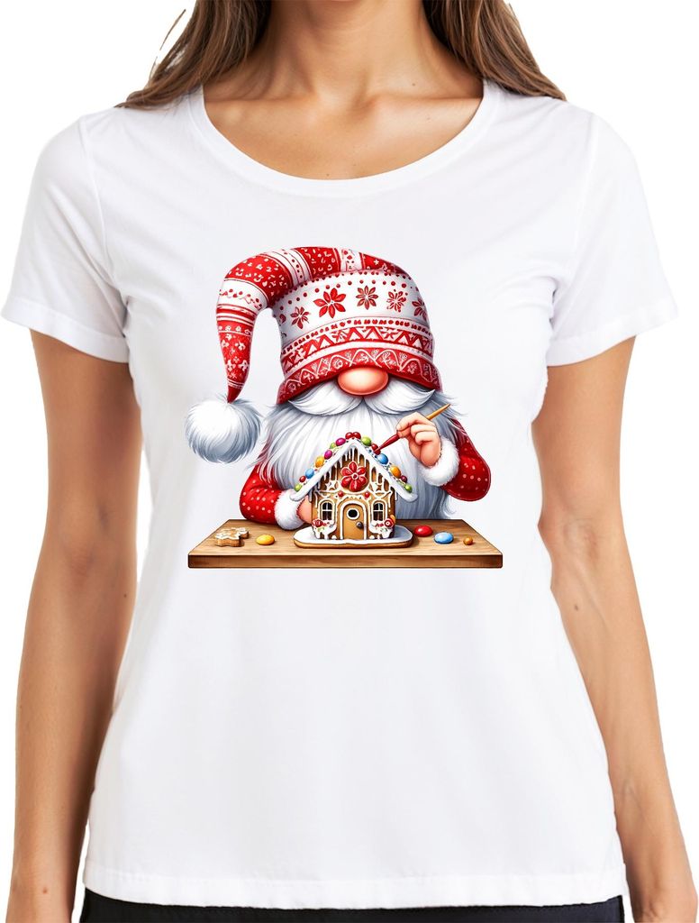 Weihnachtswichtel Lebkuchenhaus Dekoration Gnome Festlich Weihnachten Damen T-Shirt, Weiß, XL