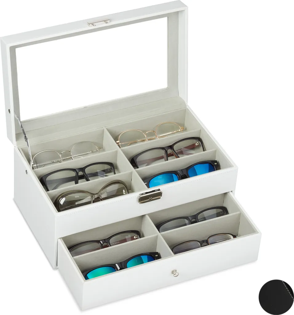 Relaxdays Boîte à lunettes pour 12 paires avec couvercle en verre noir