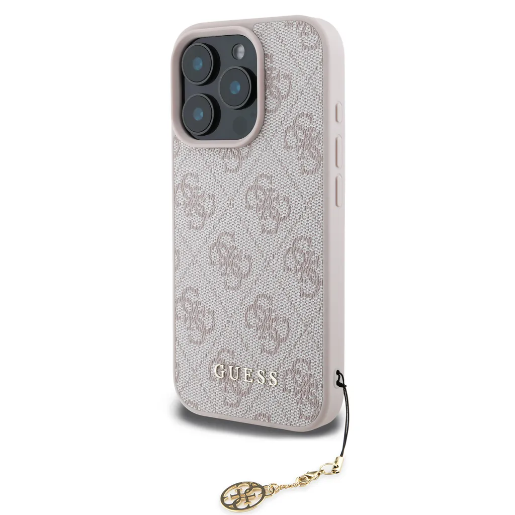 Coque iPhone 16 Pro Guess Rose 4G Charm Pendentif Logo Finition Luxe Cuir