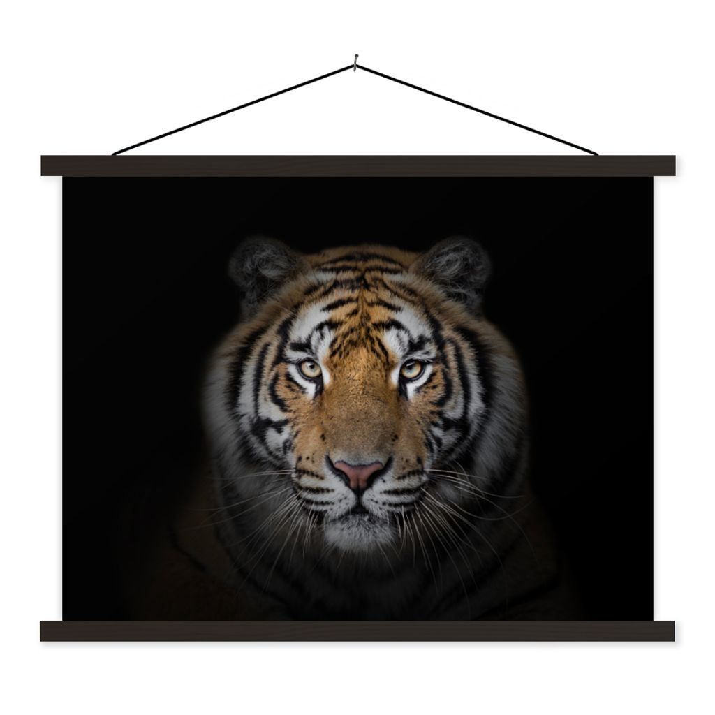 MuchoWow Textilposter Tiger - Wildtiere - Porträt - Schwarz - Tiere 150x113 cm mit holzfarbenen Rahmen - Poster