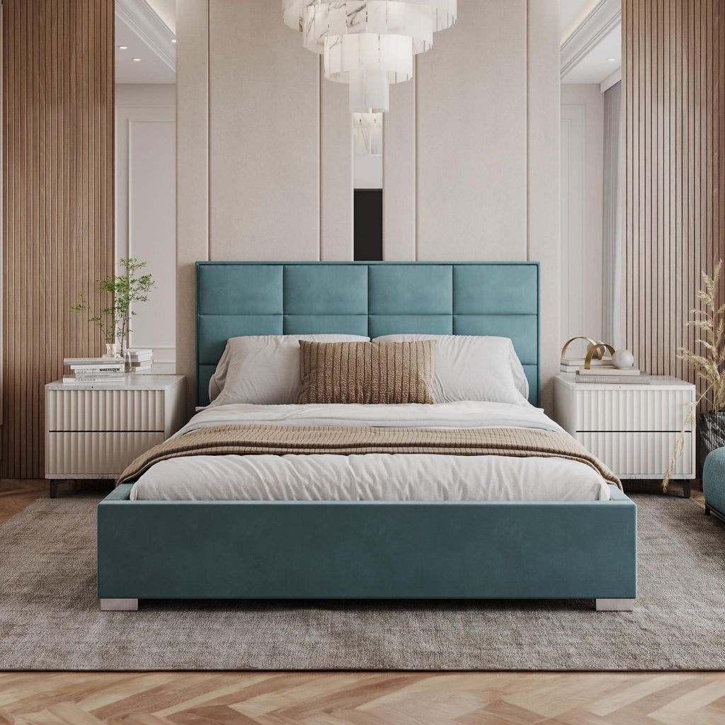 FDM Bett APOLLO Trinity 140x200 cm Polsterbett mit Lattenrost aus Metall Bettkasten Stauraumbett Samt türkis