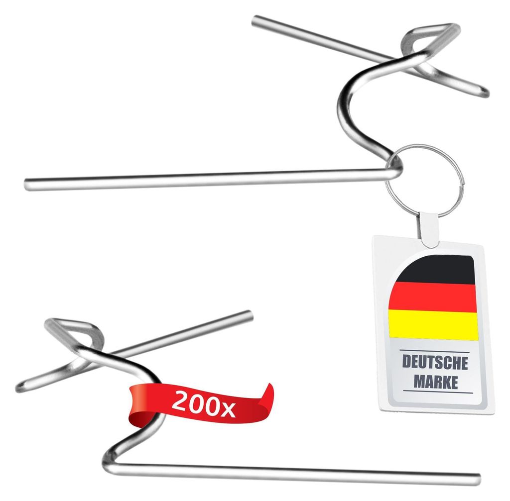 Two metal greenhouse clips are shown against a white background. One clip has a keychain attached with a German flag and text.