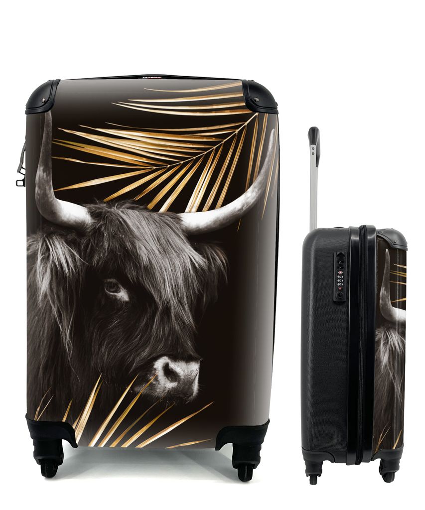 MuchoWow Koffer Handgepäck Trolley Rollkoffer Kleine Reisekoffer mit 4 Rollen - Schottischer Highlander - Gold - Farn - Cabin Size < 55x40x23 cm...