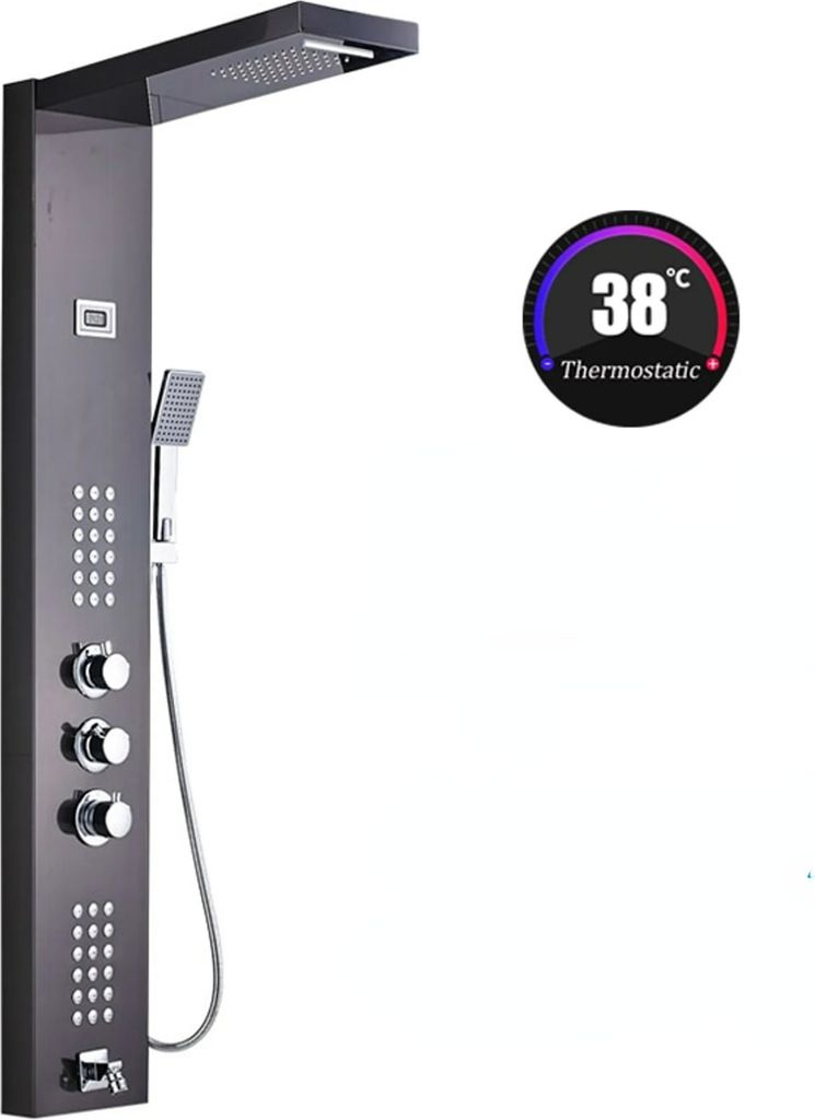 Linuode Luxus Schwarz / Gebürstet Badezimmer LED Duschpaneel Turmsystem Wandmontage Mischbatterie Handbrause SPA Massage Temperaturbildschirm,1047...