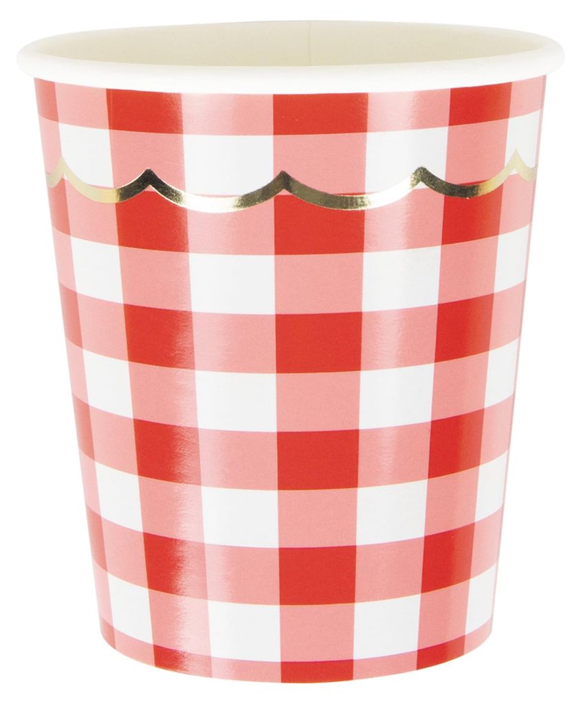 8 Pappbecher mit Wellenrand im Vichy-Karo Rot + Weiß 200 ml - Einheitsgröße
