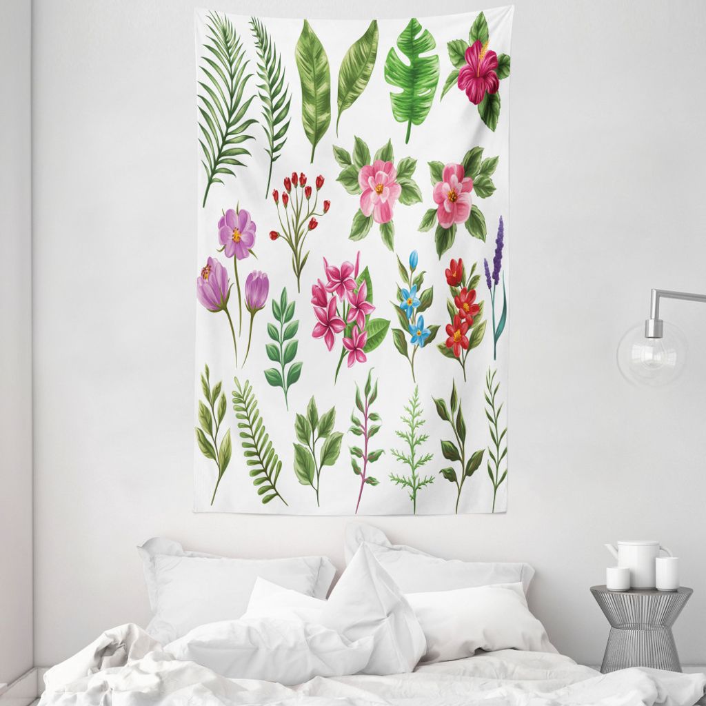 ABAKUHAUS Pflanze Wandteppich und Tagesdecke, Exotische Blumen und Farne aus Weiches Mikrofaser Stoff Waschbar ohne Verblassen Digitaldruck, 140 x ...