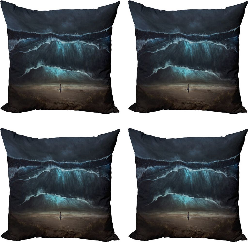 ABAKUHAUS Nachtozean Kissenbezug Set (4 Stück), Gothic-Welle Allein Frau, Moderner Doppelseitiger Digitaldruck, 45 cm x 45 cm, Taupe Kadett-Blau