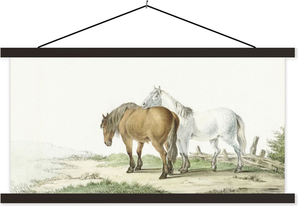 MuchoWow Textilposter Ein braun-weißes Pferd entlang eines Zauns - Gemälde von Jean Bernard 150x75 cm mit schwarzem Rahmen - Posterleiste