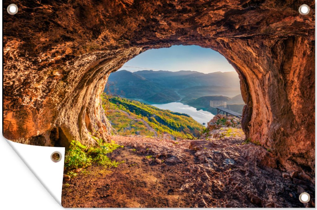 MuchoWow 90x60 cm Outdoor-Poster Gartendeko Sichtschutz Garten Poster für den Garten Höhle - Berg - Landschaft - Natur
