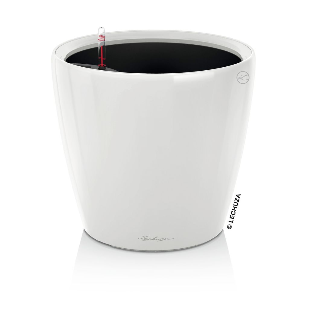 A white, high-gloss planter with a water level indicator.