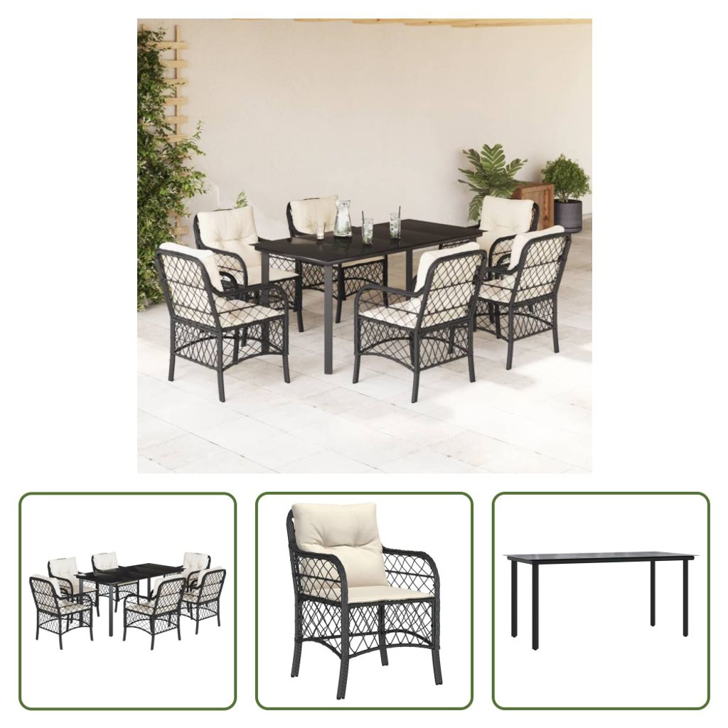 The Living Store 7-tlg. Garten-Essgruppe mit Kissen Schwarz Poly Rattan