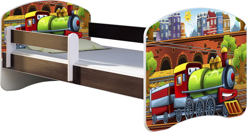 ACMA Jugendbett Kinderbett Junior-Bett Komplett-Set mit Matratze Lattenrost und Rausfallschutz Wenge 44 Lokomotive 140x70