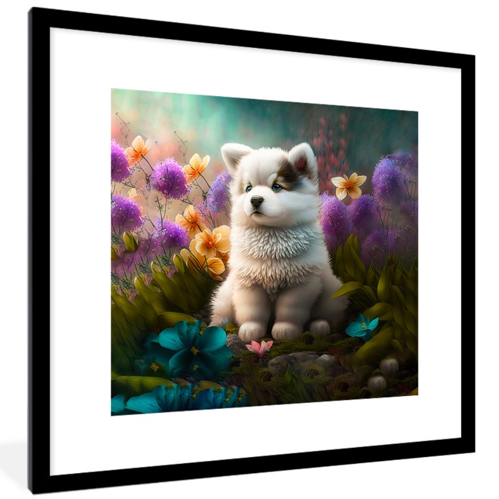 MuchoWow® Gerahmtes Poster Welpe - Blumen - Pflanzen - Produktbild 