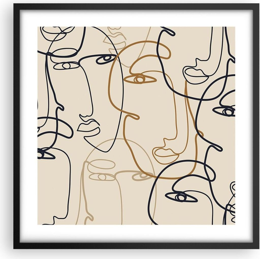 Gerahmtes Poster - Schwarzer Rahmen - Frau Gesicht Linie - 50x50 cm - Wand Bild - Wanddeko - Wandbilder - Kunstposter - Wandposter - Bilderrahmen -...