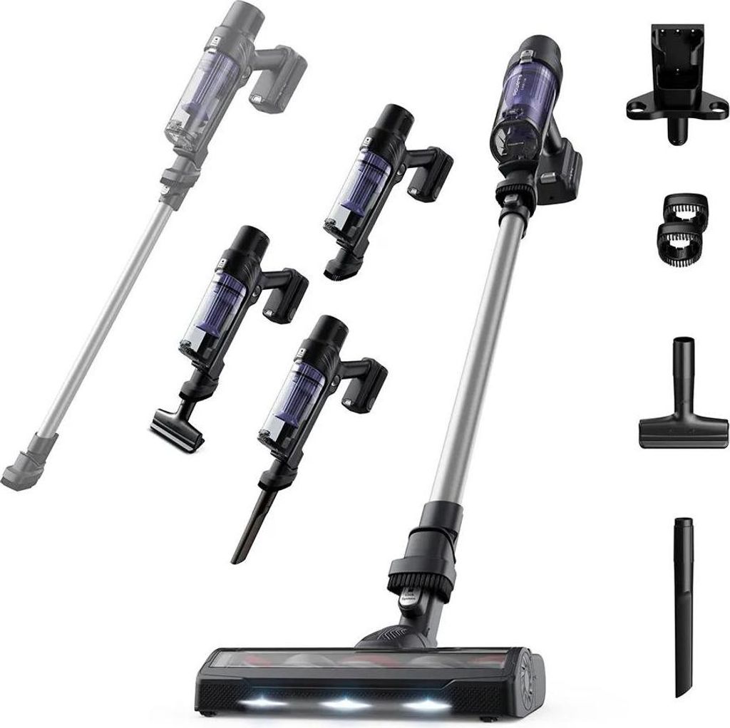 A collection of Rowenta X-Pert 7.60 RH6A35 Handstaubsauger Violett, Silber Beutellos vacuum cleaner components and accessories are displayed against a white background.