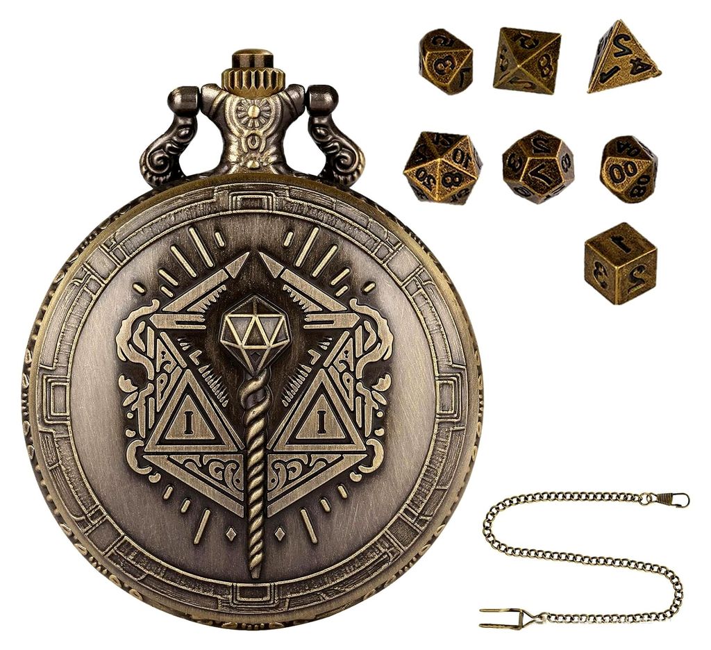 Kleines Würfelset, Taschenuhr Würfelset | Tragbares polyedrisches Würfelset mit Taschenuhr, Steampunk Brettspiel, 7 Stück Metallwürfel, Zubeh...