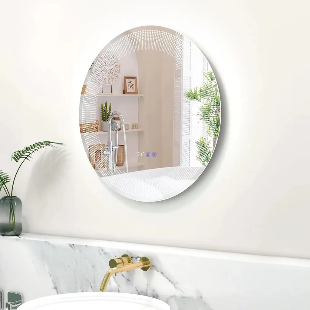 Miroir LED rond anti-buée avec 3 couleurs de lumière et écran LCD