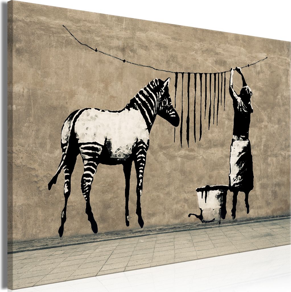 Italienischer Leinwand Leinwandbild - Banksy: Washing Zebra on Concrete (1 Part) Wide 90x60 cm Streetart i-C-0151-b-a