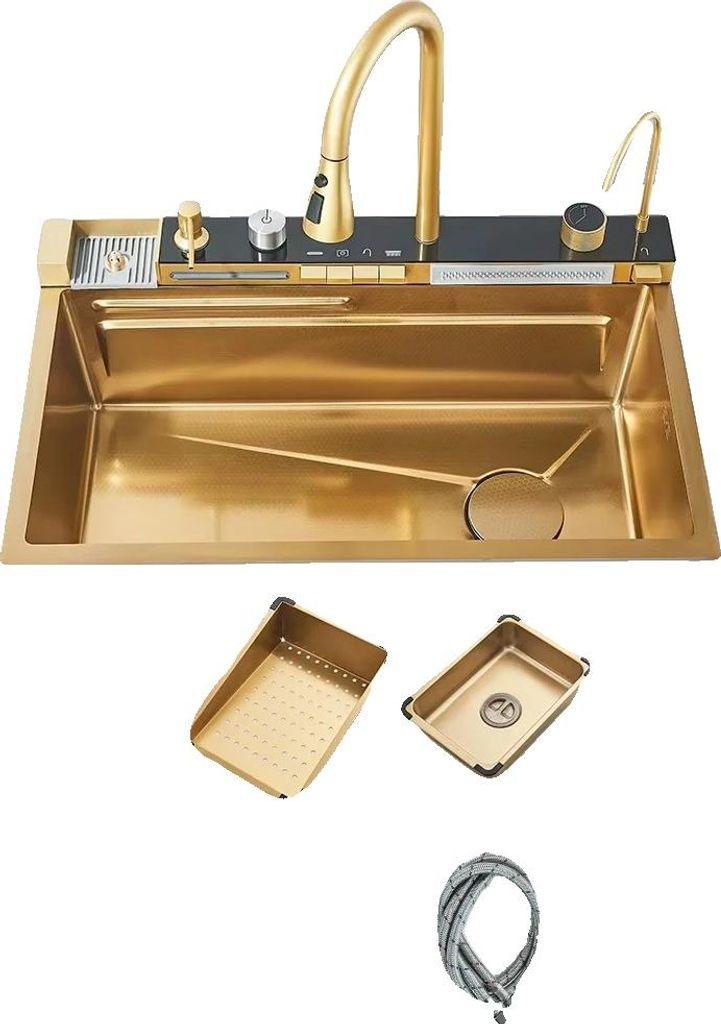 Küchenspüle, Edelstahl, integriertes Wasserhahn-Set, 4Tasten Gold