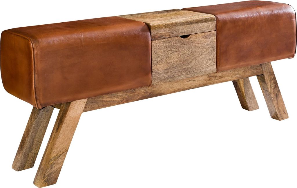 Turnbock Sitzbank Echtleder Braun in Gesamtansicht mit braunem Lederbezug, Holzrahmen und mittlerem Aufbewahrungsfach.