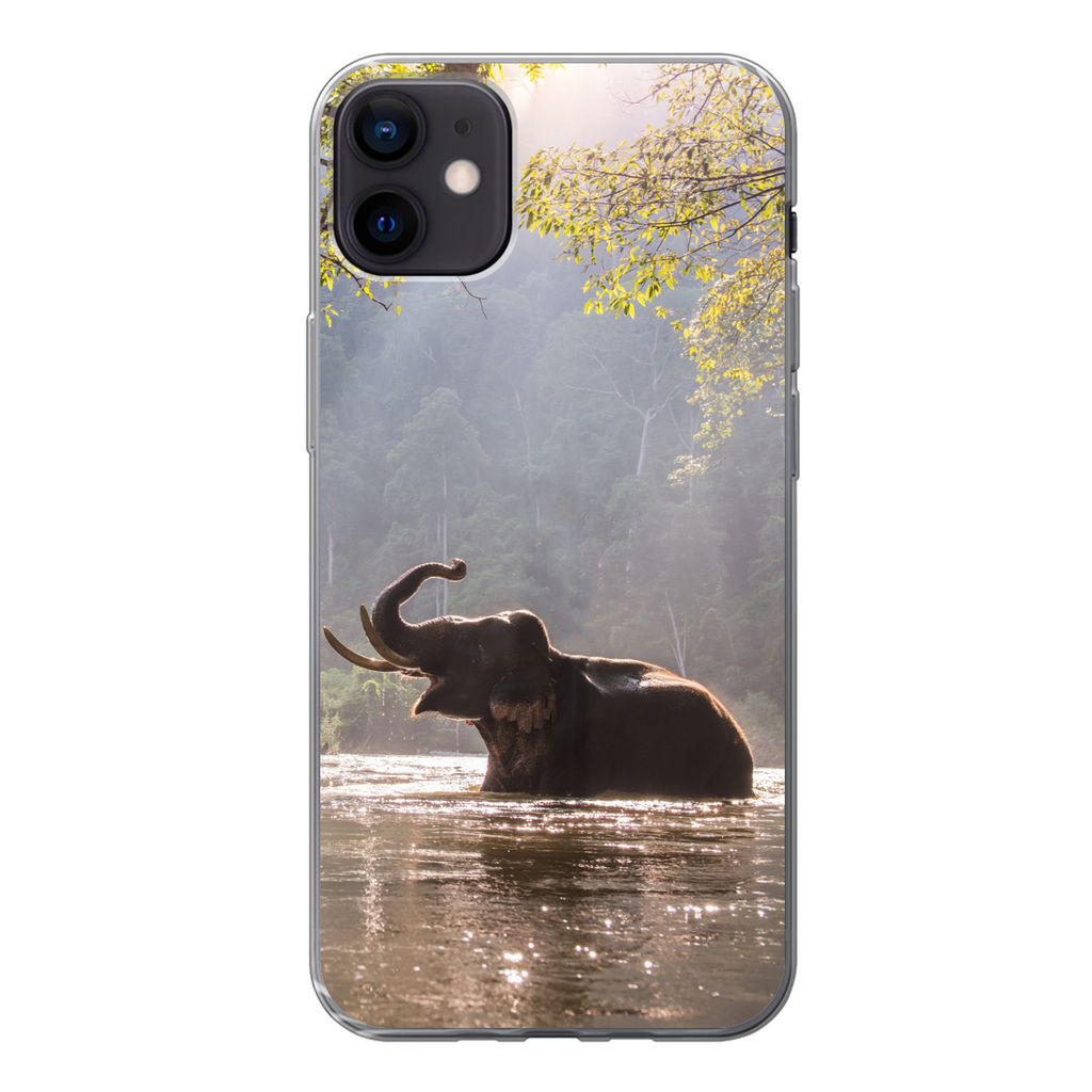 MuchoWow Handyhülle Schutzhülle Hülle für iPhone 12 mini Elefant - Wasser - Tiere - Bäume - Sonne Silikon Softcase Handy Hülle - Bild