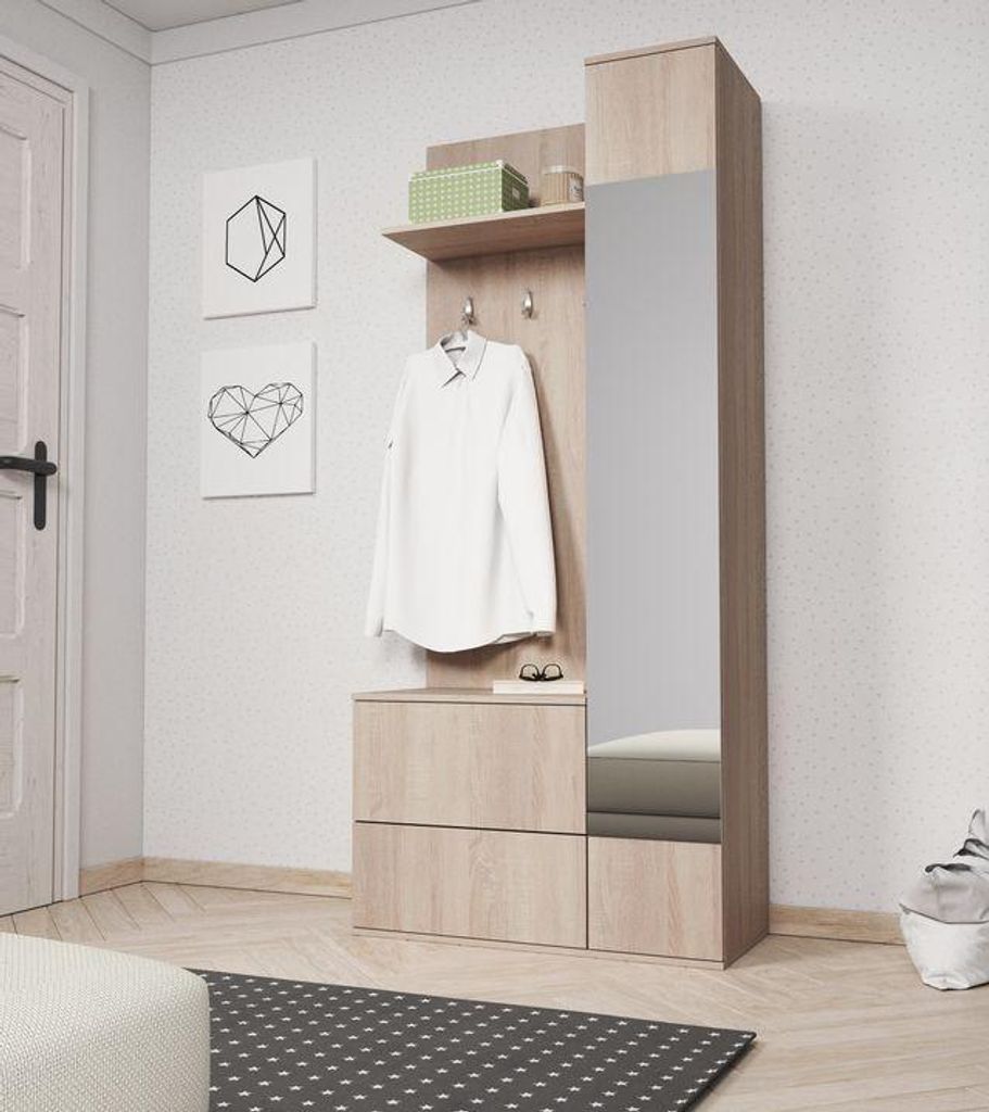 Garderobe – Garderobe mit Kleiderstange – Garderobe mit Spiegel – GREEN – 90 cm – Sonoma Eiche – Flurgarderobe mit Drehtür und Haken ...