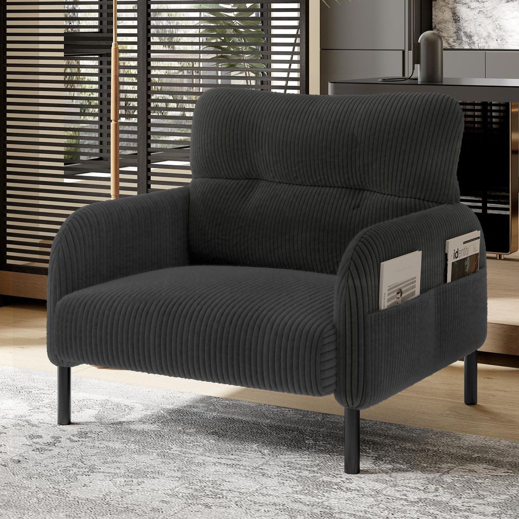 okwish Einzelsessel Relaxsessel mit Seitentaschen auf beiden Seiten,für Schlafzimmer und Arbeitszimmer,Einsitzer mit Armlehnen,aus Cord,Grau