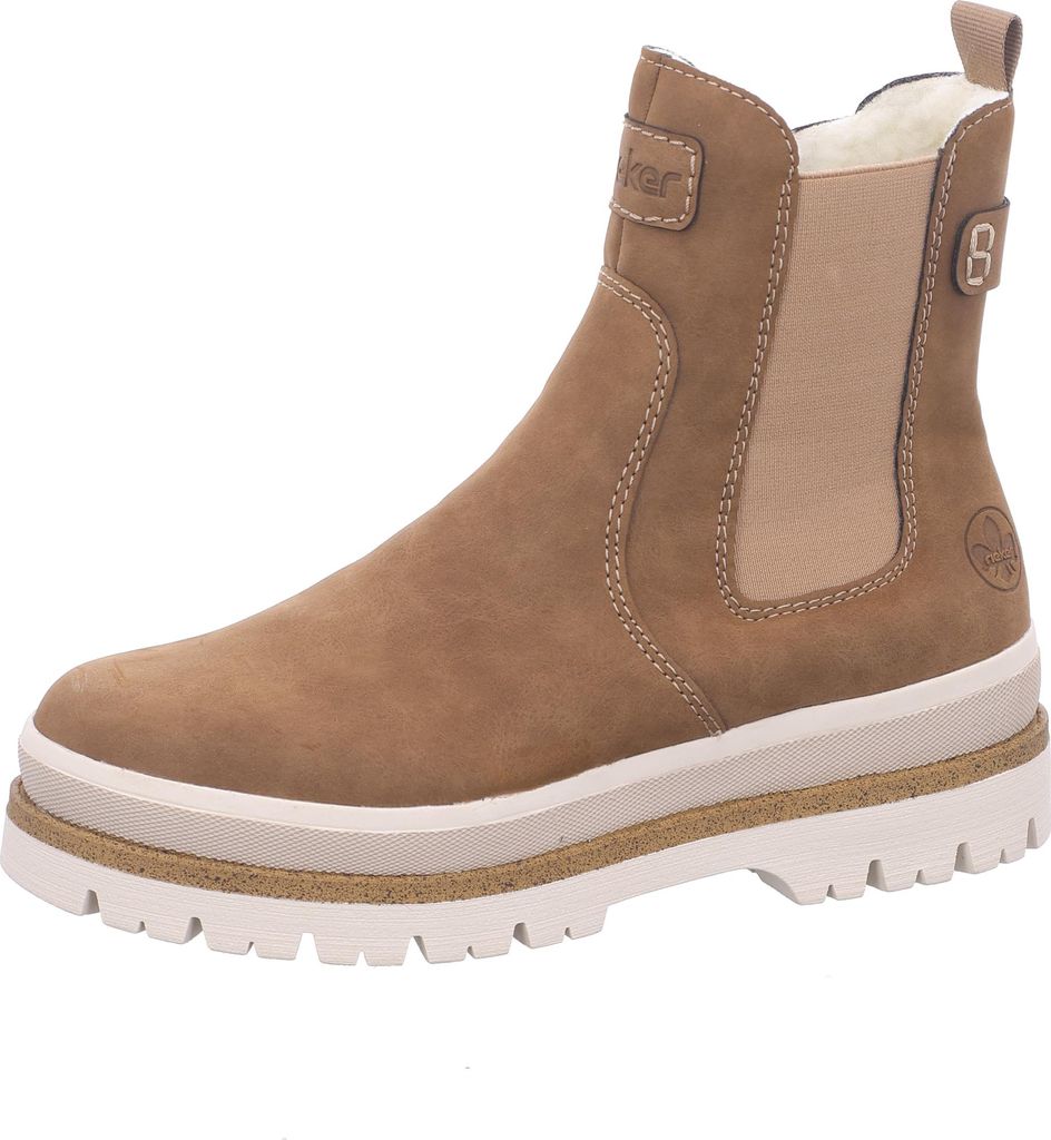 A single brown and beige Rieker women's boot is shown against a white background.