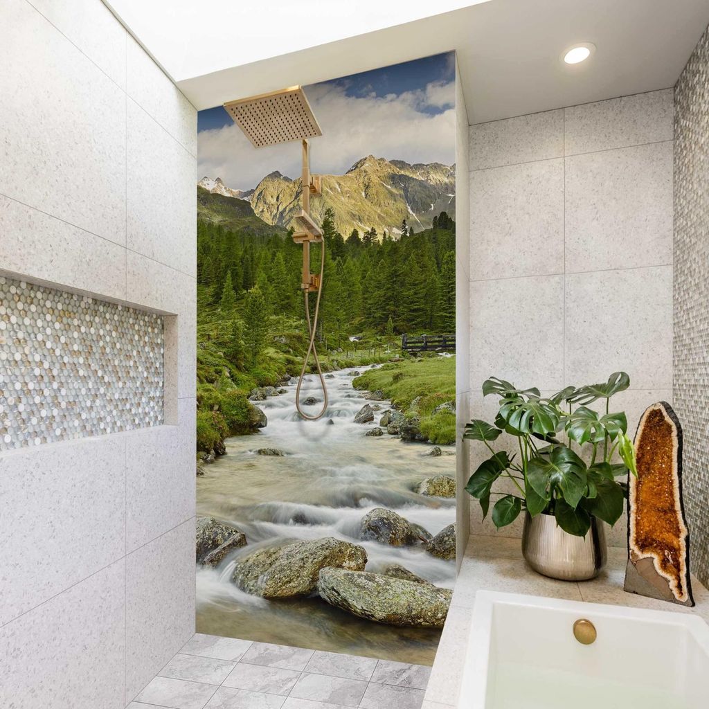 Duschrückwand Wald selbstklebend - 0.35 mm Wandpaneel wasserfest Berg grün Motiv Badrückwand fugenlos Smart matt 80x210 cm