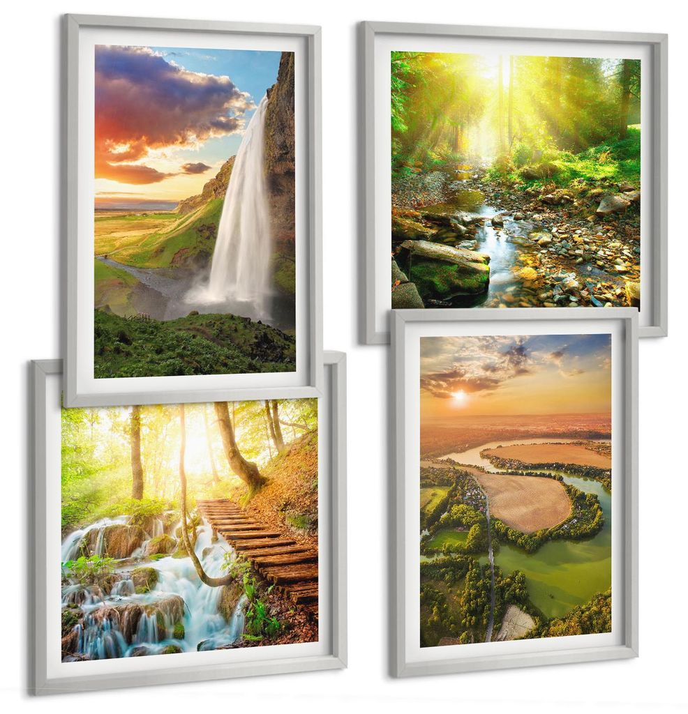 Bilder Set 4-teilig im silbergerahmten Rahmen – Wandbilder 4 Stück – gerahmte Poster für Wohnzimmer, Schlafzimmer und Flur – 50x50 cm - 40x...