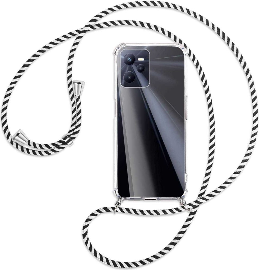 Handykette Backcover-Schutzhülle mit Band (Metall silberfarben) für Realme C35 - schwarz/weiß gestreift