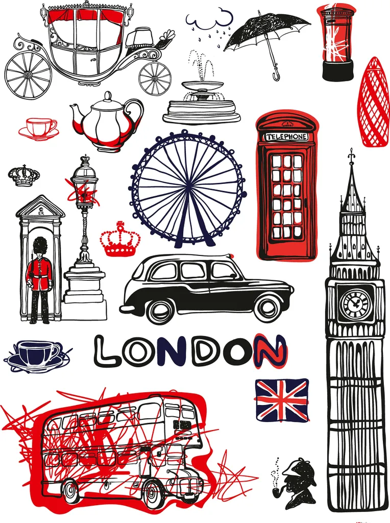 Sticker mural Londres Sanders & Sanders noir et rouge - Format 85x65 cm