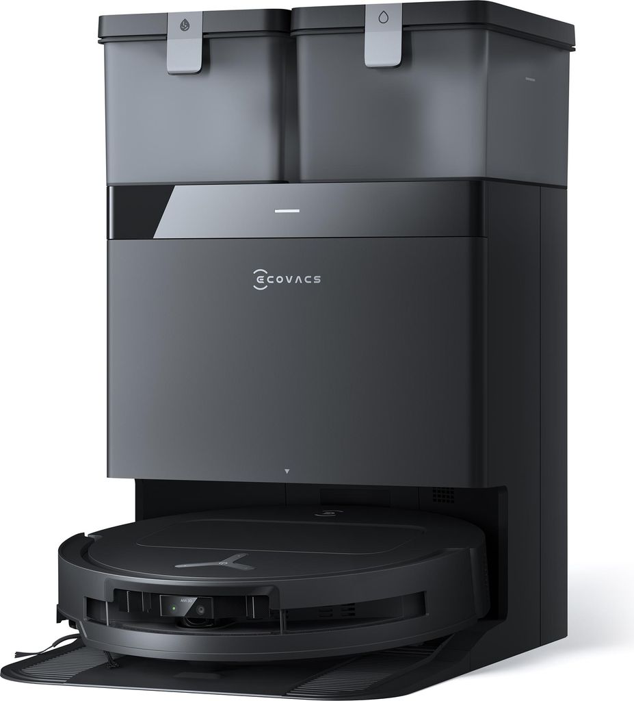 A black ECOVACS Saug- und Wischroboter DEEBOT T50 OMNI BLACK with its OMNI station, presented on a white background.