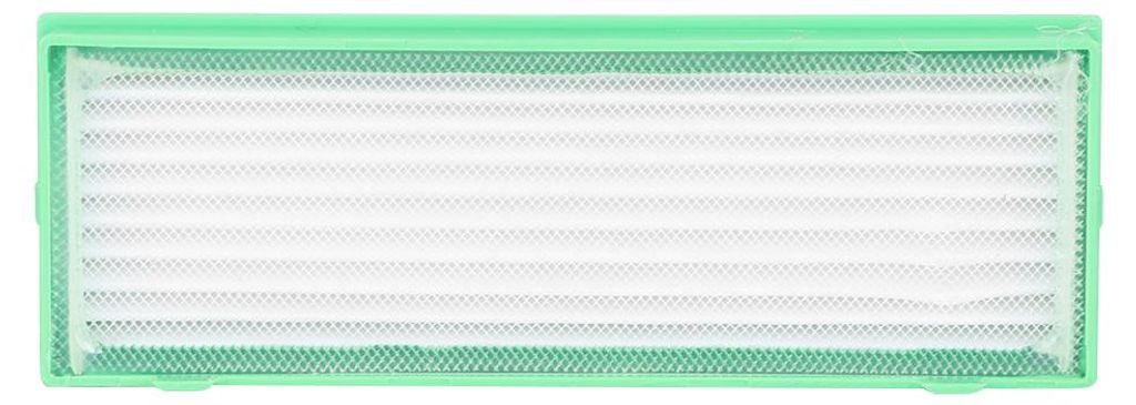 A close-up, top-down view of a rectangular air filter with a green frame and white filtering material.