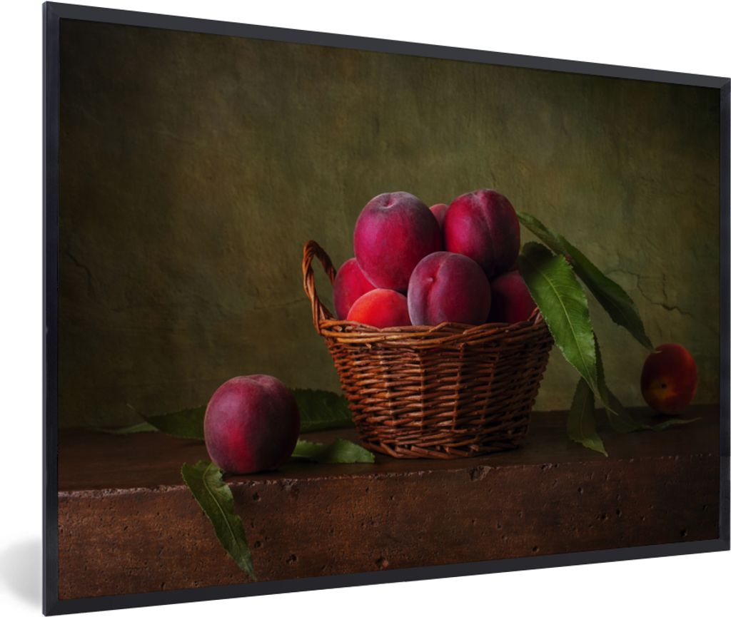 MuchoWow Gerahmtes Poster Korb - Pflaume - Rosa - Rustikal - Obst - Stilleben 30x20 cm - Poster mit Schwarzem Bilderrahmen Wandposter Rahmen Foto...