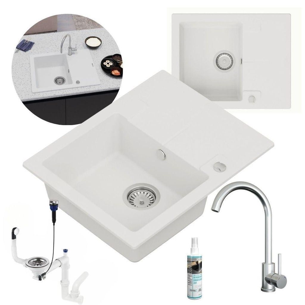 GranMaster Granitspüle Weiß Set mit Stahlbatterie mit U-förmigem Auslauf, Professionelles Imprägniermittel und Platzsparender Siphon mit Überlauf