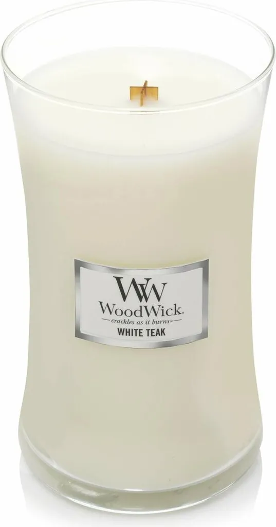 Grande Bougie WoodWick White Teak 609g : Mèche Crépitante en Bois