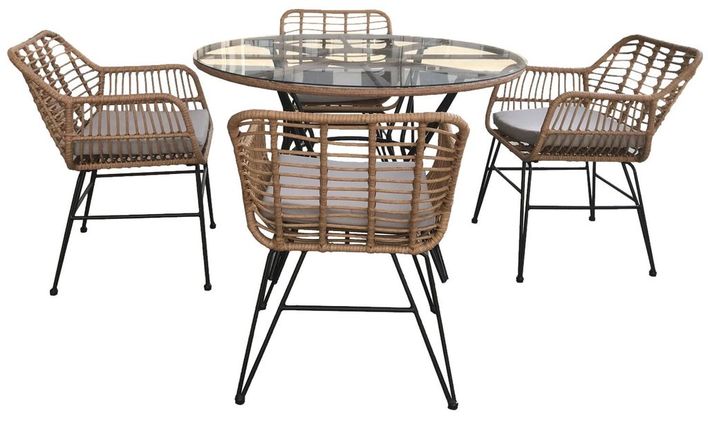 GARTENMÖBEL SET (TISCH, 4 STÜHLE) - BRONZE, KISSEN - GRAU, Balkonmöbel für 4 Personen, Rattan