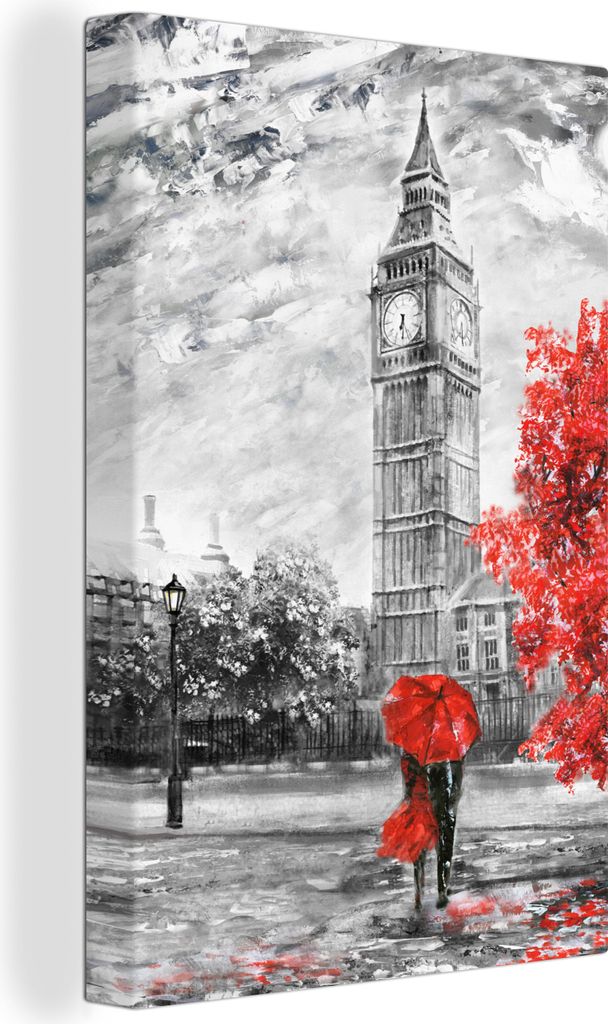 OneMillionCanvasses - Leinwandbilder - 90x140 cm, Gemälde - Big Ben - Rot - Regenschirm, Wandbilder Kunstdruck Wanddekoration - Foto auf Leinwan...