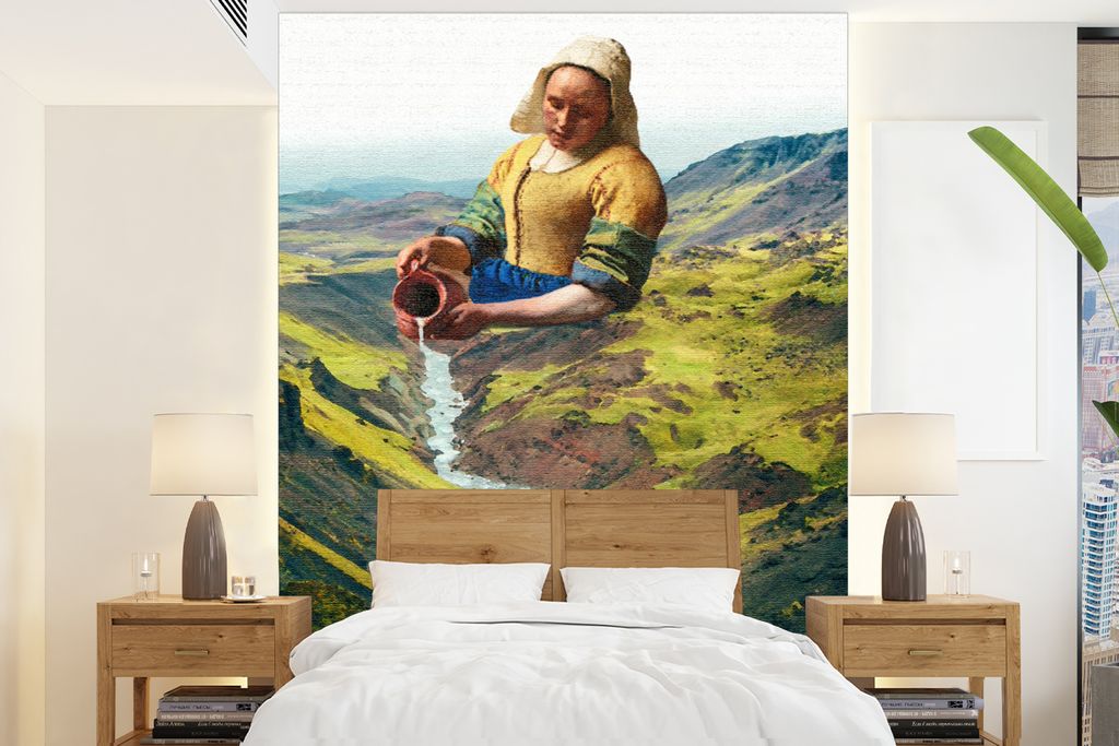 MuchoWow Fototapete für Wohnzimmer oder Schlafzimmer Wandtapete Vinyl Motivtapete Milchmädchen - Vermeer - Berge - 190x260 cm - Papiertapete