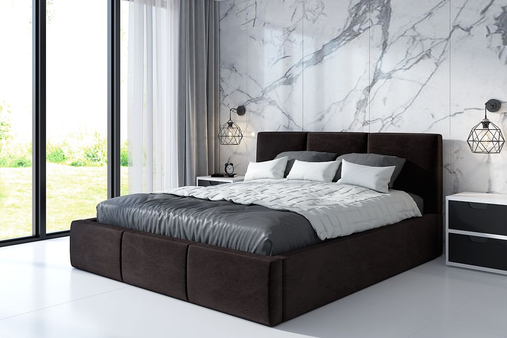 Polsterbett VEROM -OM 140 x 200 mit Bettkasten. Farbe: Dunkelbraun