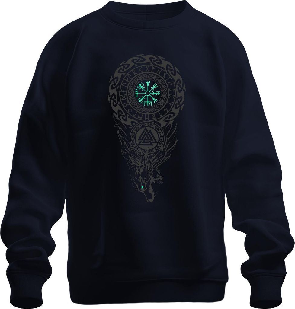 Vegvisir Wikinger Kompass nordisch Runenkreis Valknut Fenris Wolf Uni Sweatshirt Pullover, Navy, S