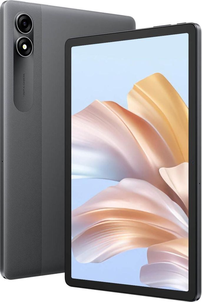 A black tablet is shown from the front and back.