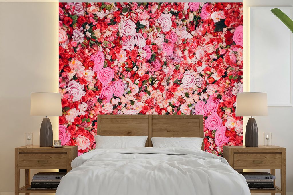 MuchoWow Fototapete für Wohnzimmer oder Schlafzimmer Wandtapete Vinyl Motivtapete Blumen - Farben - Rosen - 300x300 cm - Wanddekoration
