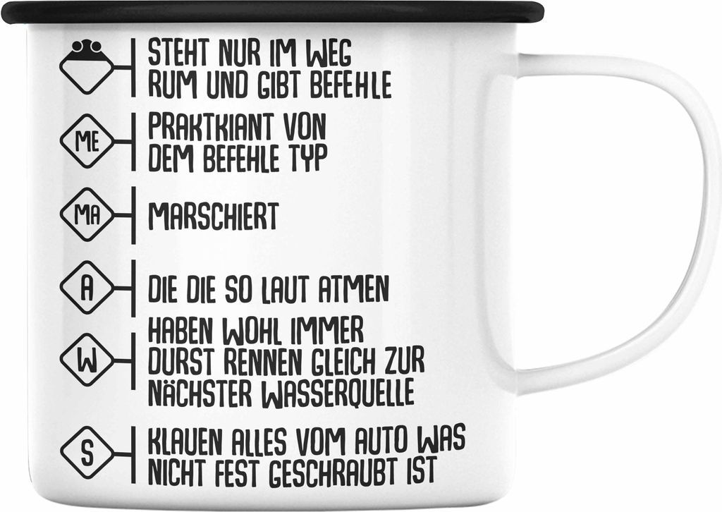 Trendation - Feuerwehr Emaille Tasse Geschenke Zubehör Lustig Einsatz Geburtstag Spruch Mann Praktikant (Schwarz)