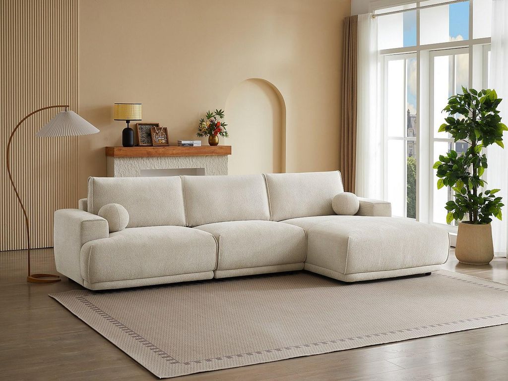 Ecksofa rechts, beige mit Chenille-Stoff EMABI von Maison Céphy
