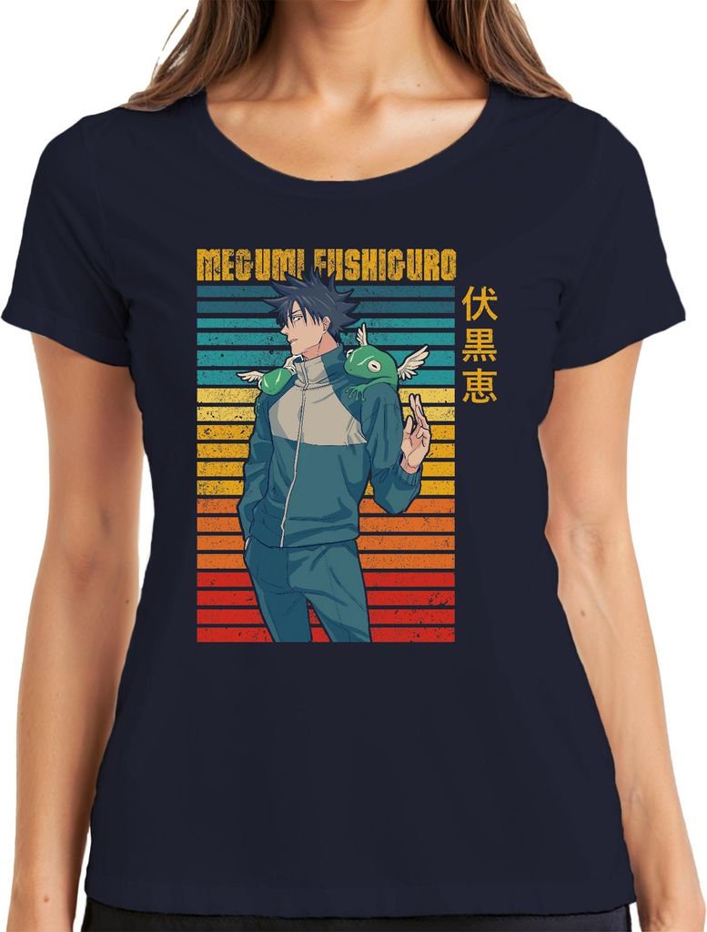 Megumi Fushiguro Jujutsu Kaisen Shikigami Frosch Geschenk Vintage Damen T-Shirt, Navy, L