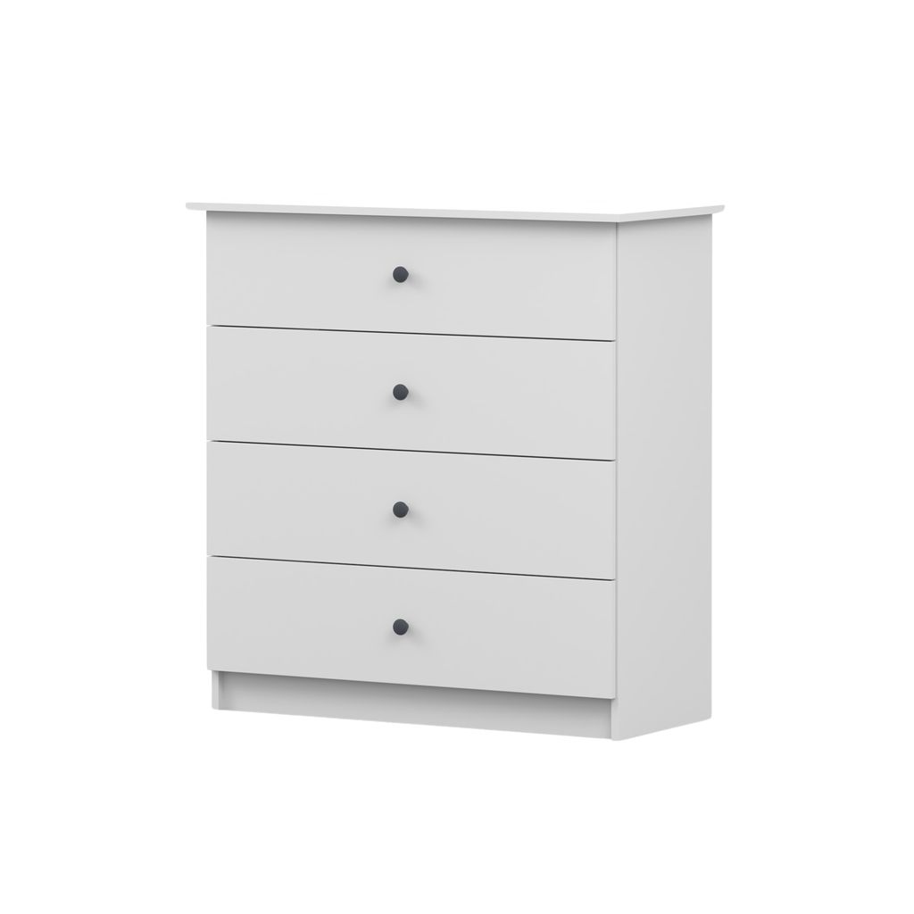 Kommode Sideboards Highboard für das Kinderzimmer 95 cm Weiß/Weiß mit vier Schubladen und graue Griffe Olaf 02